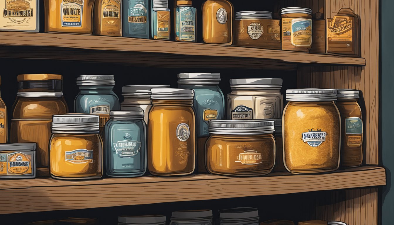 A jar of Whataburger honey butter sits on a wooden shelf in a cool, dark pantry, surrounded by other preserved goods