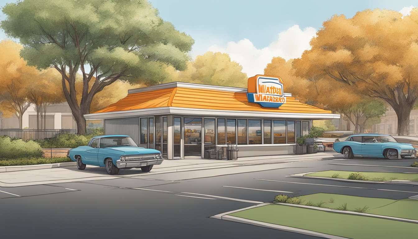 A Whataburger restaurant in Austin, open for business with a drive-thru and outdoor seating, surrounded by city buildings and trees