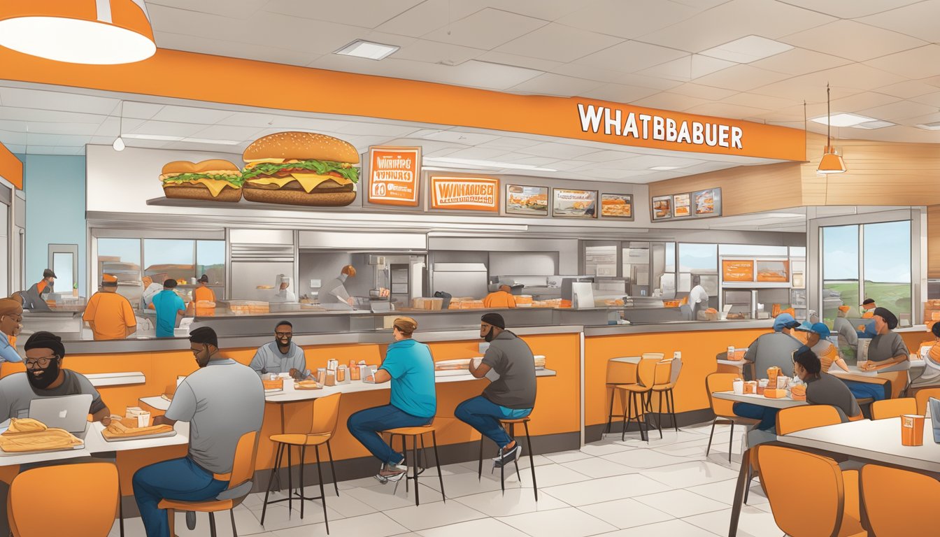 A bustling Whataburger in Austin with volunteers and locals working together on a community involvement project