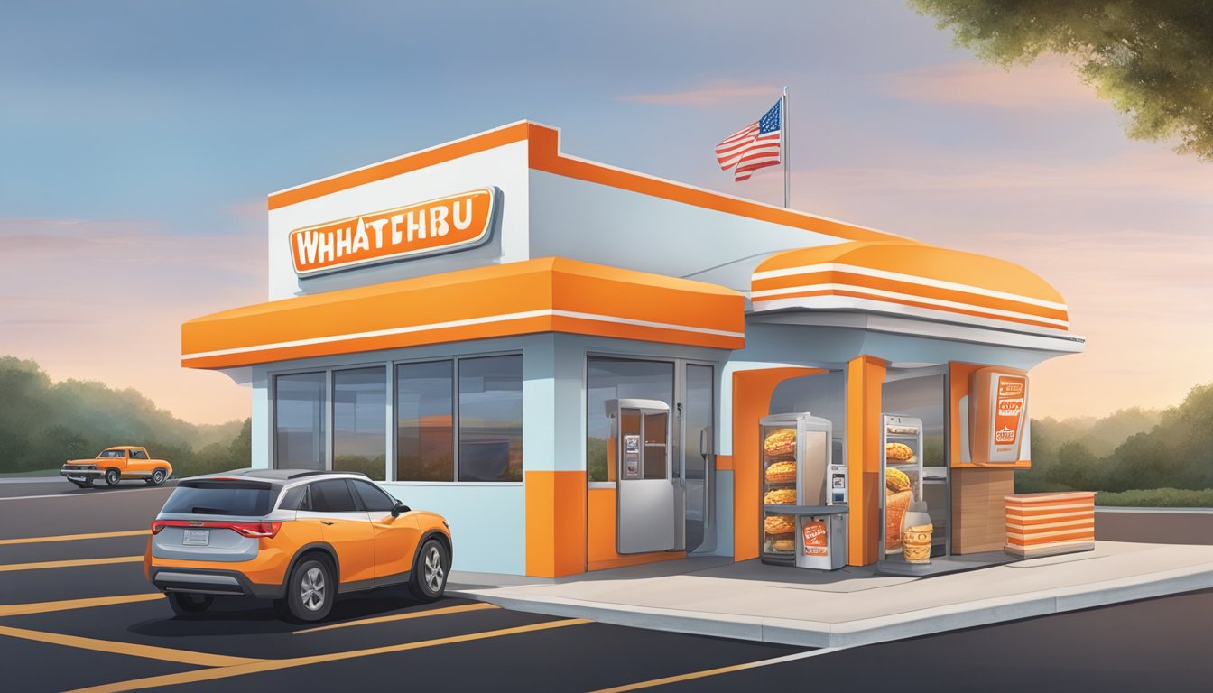 A drive-thru window with a Whataburger bag and a burger box, surrounded by a car and a convenient ordering kiosk