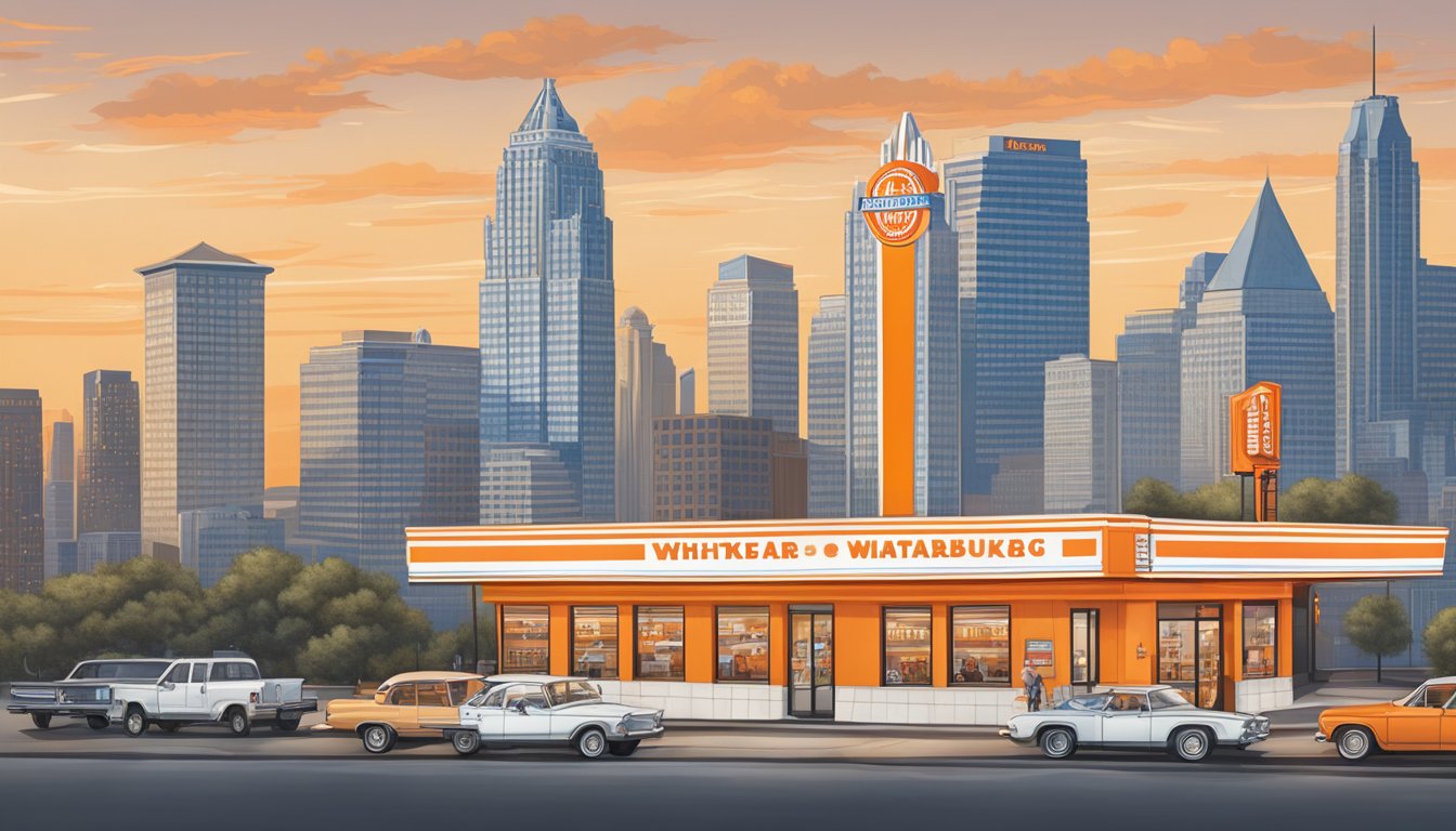 The iconic orange and white Whataburger sign stands tall against the Kansas City skyline, with a line of hungry customers stretching out the door