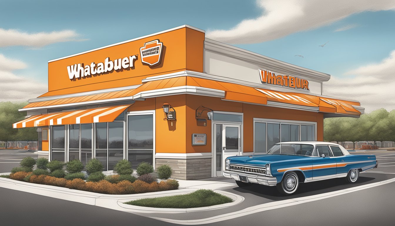 A Whataburger restaurant with a drive-thru and outdoor seating, surrounded by a parking lot and easily accessible from a main road