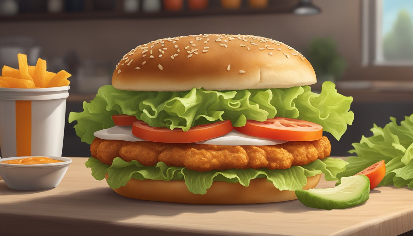 A delicious Whataburger chicken sandwich surrounded by fresh lettuce, ripe tomatoes, and a fluffy bun