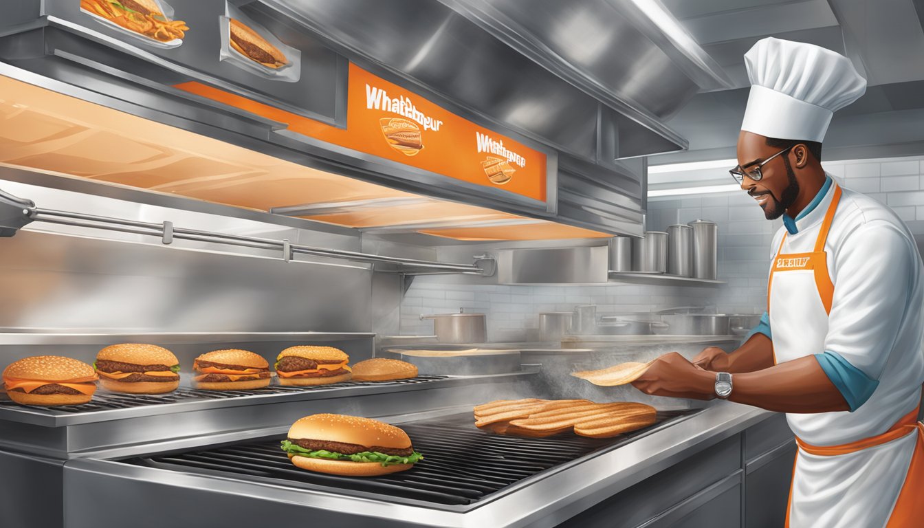 A cook in a Whataburger kitchen in Kansas City creates unique recipes with fresh ingredients and sizzling patties on the grill