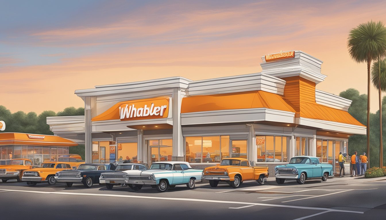 A bustling Whataburger restaurant in Kansas City, with cars lined up at the drive-thru and customers dining inside