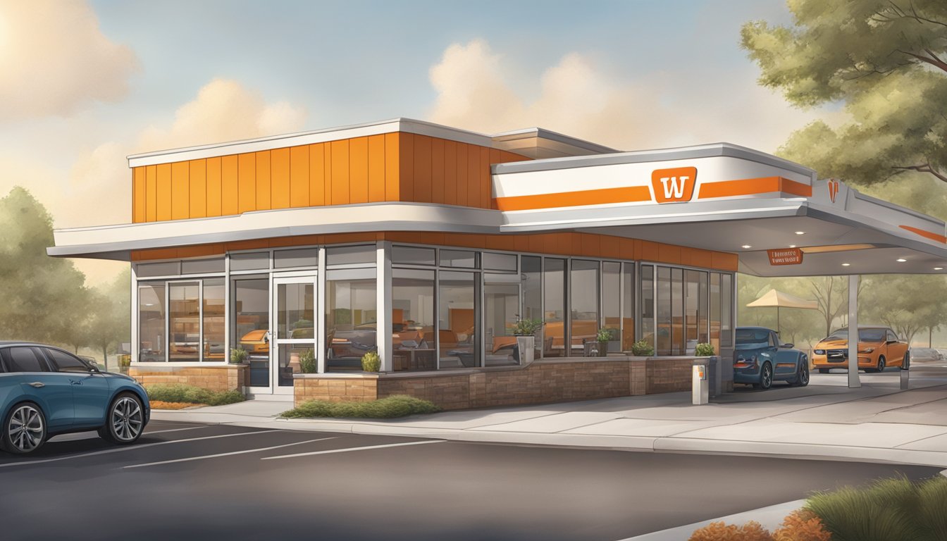 A Whataburger restaurant in Kansas City with a drive-thru and outdoor seating, surrounded by parking spaces and accessible from a main road