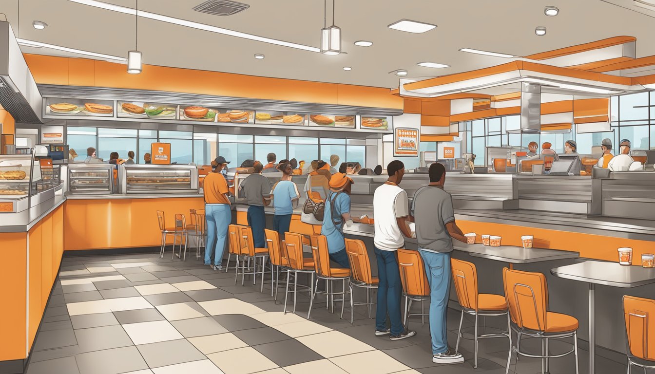 A bustling Whataburger restaurant in Kansas City, with a line of customers waiting to order and staff preparing delicious meals