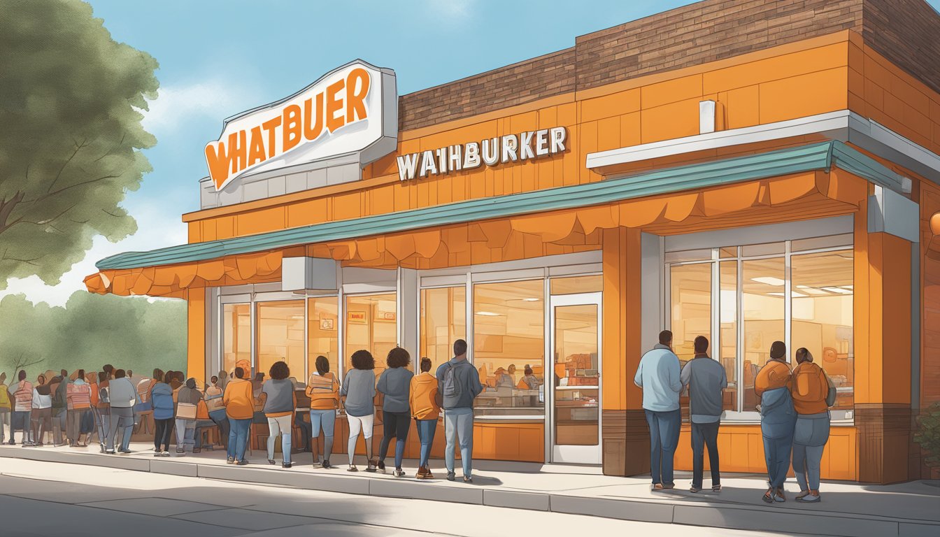 A Whataburger restaurant in Kansas City with a line of customers and a community engagement event happening outside