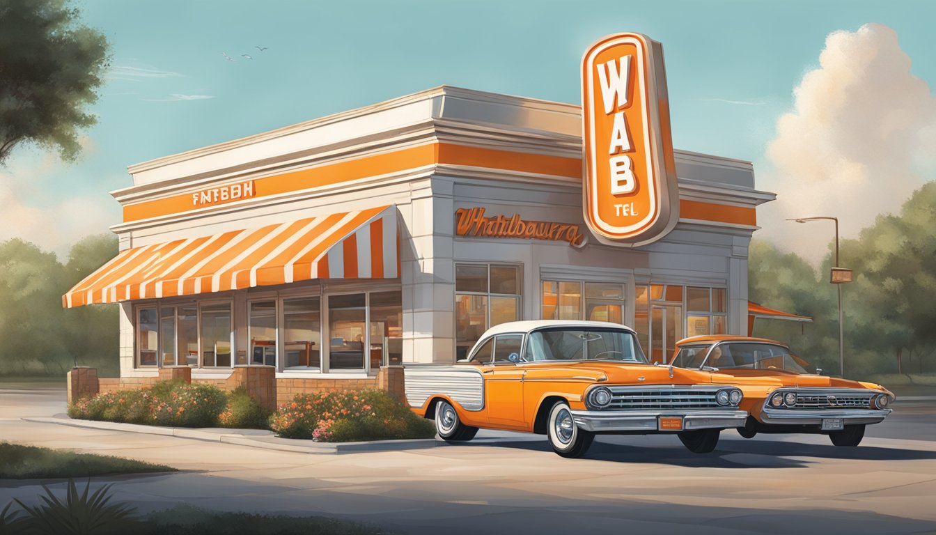 A classic Whataburger restaurant in Dallas, with a vintage sign, outdoor seating, and a bustling drive-thru