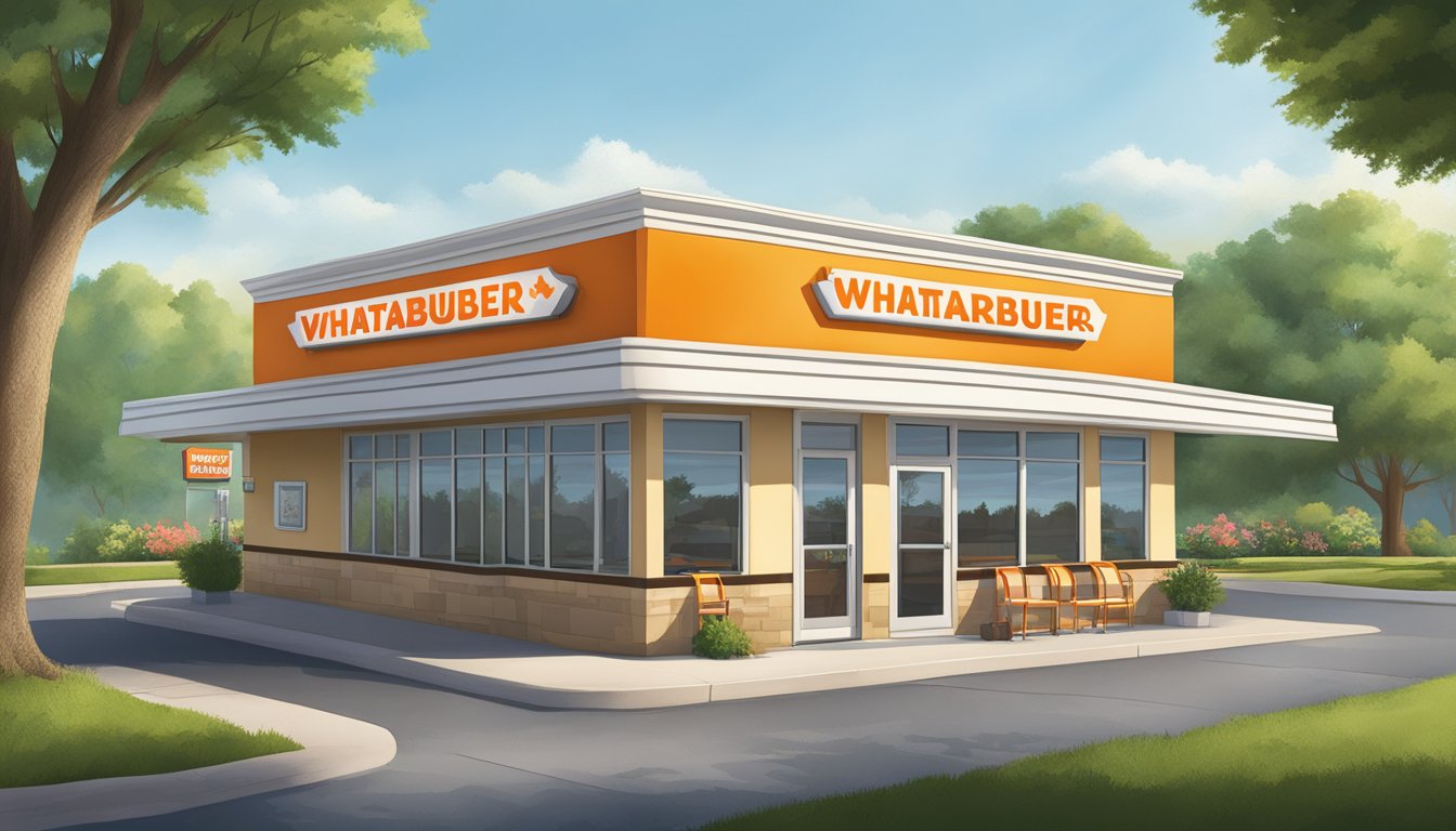 A Whataburger restaurant in Kansas City, with a bright, sunny sky and lush green trees, open for business with a sign displaying the operating hours and seasonal variations