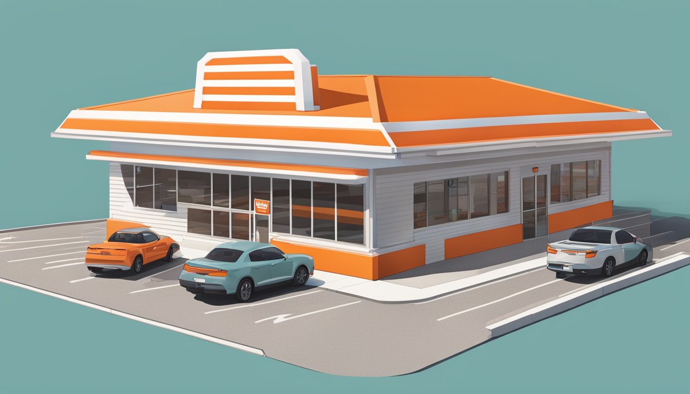 The iconic orange and white striped roof of a Whataburger restaurant in Dallas, with a drive-thru lane and outdoor seating area