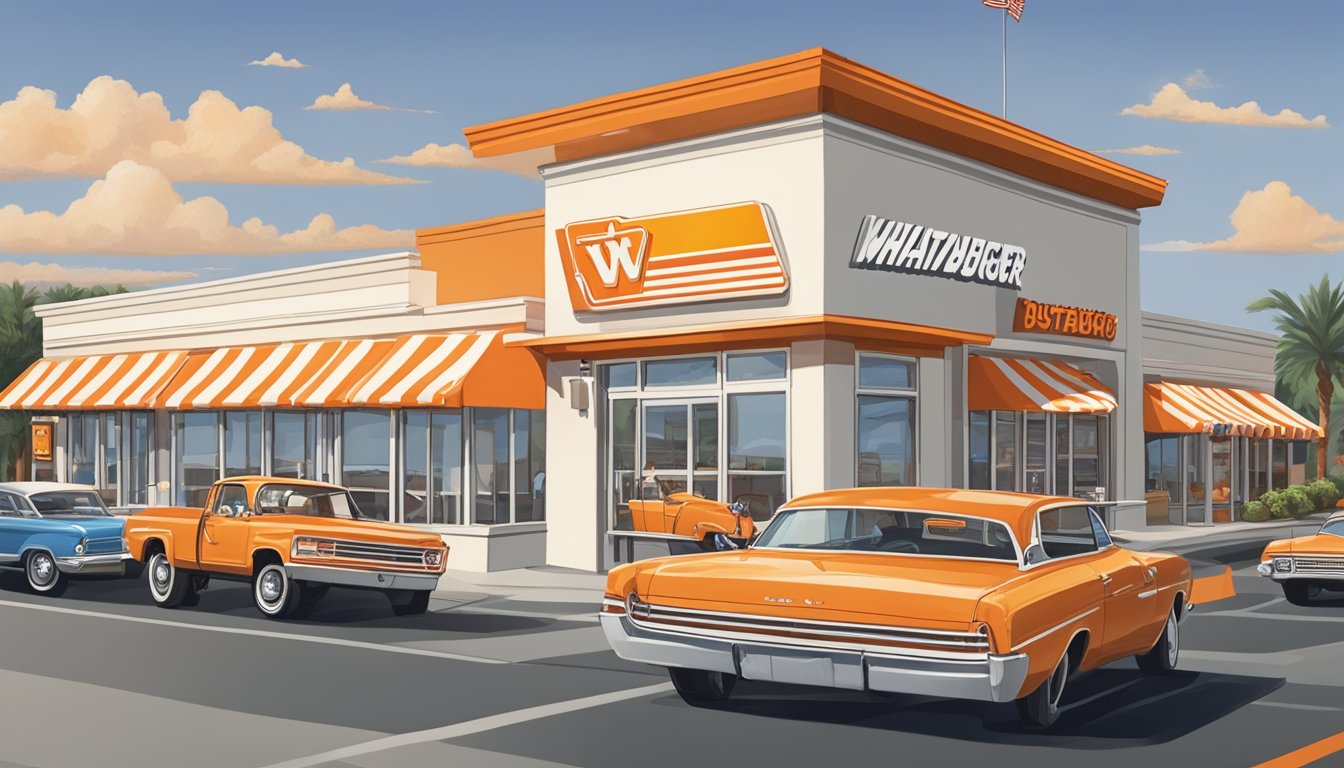 A bustling Whataburger restaurant in Orlando, Florida, with iconic orange and white striped awnings and a drive-thru lane filled with cars