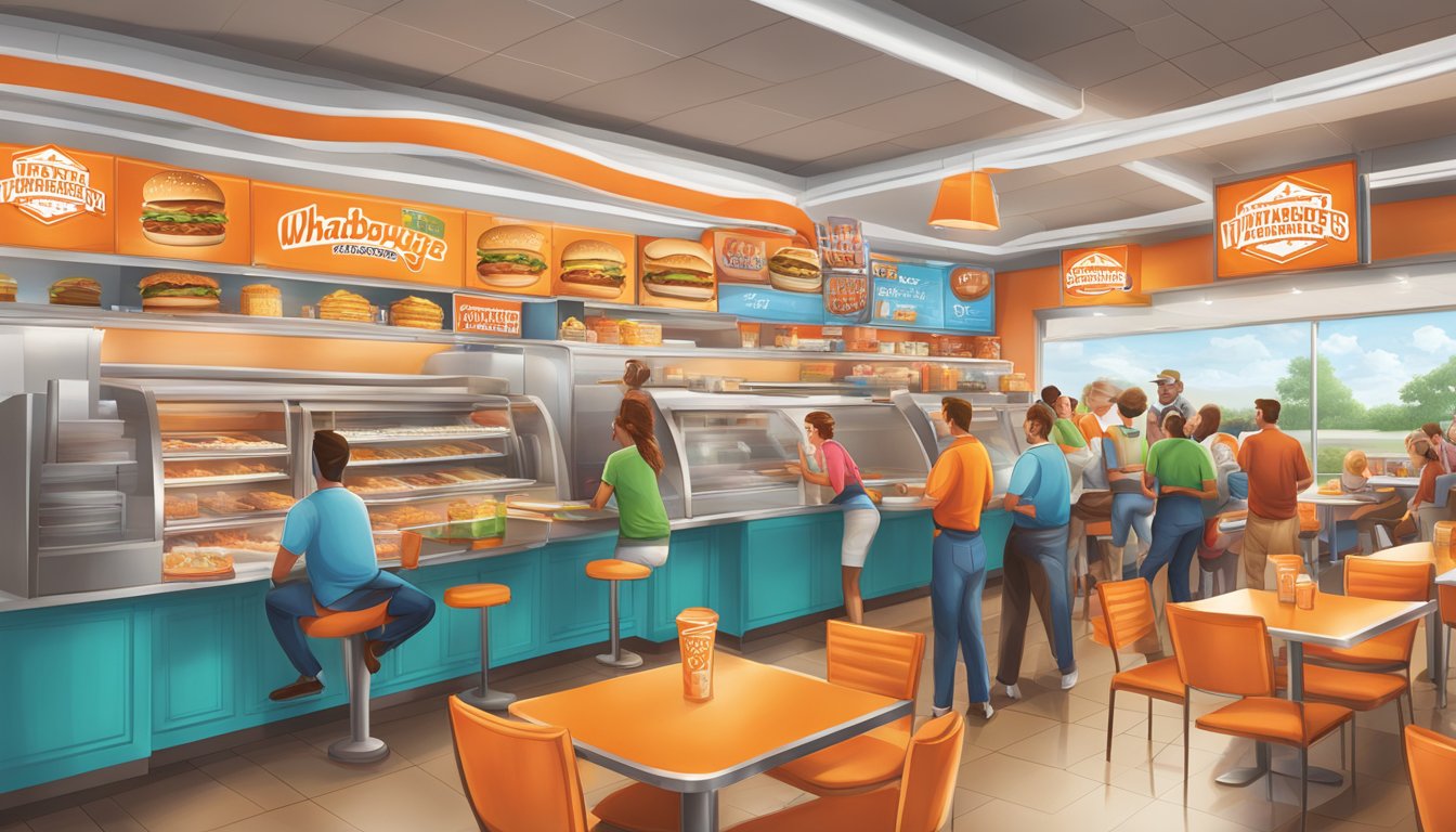 A bustling Whataburger restaurant in Dallas with a vibrant sign promoting special offers and rewards