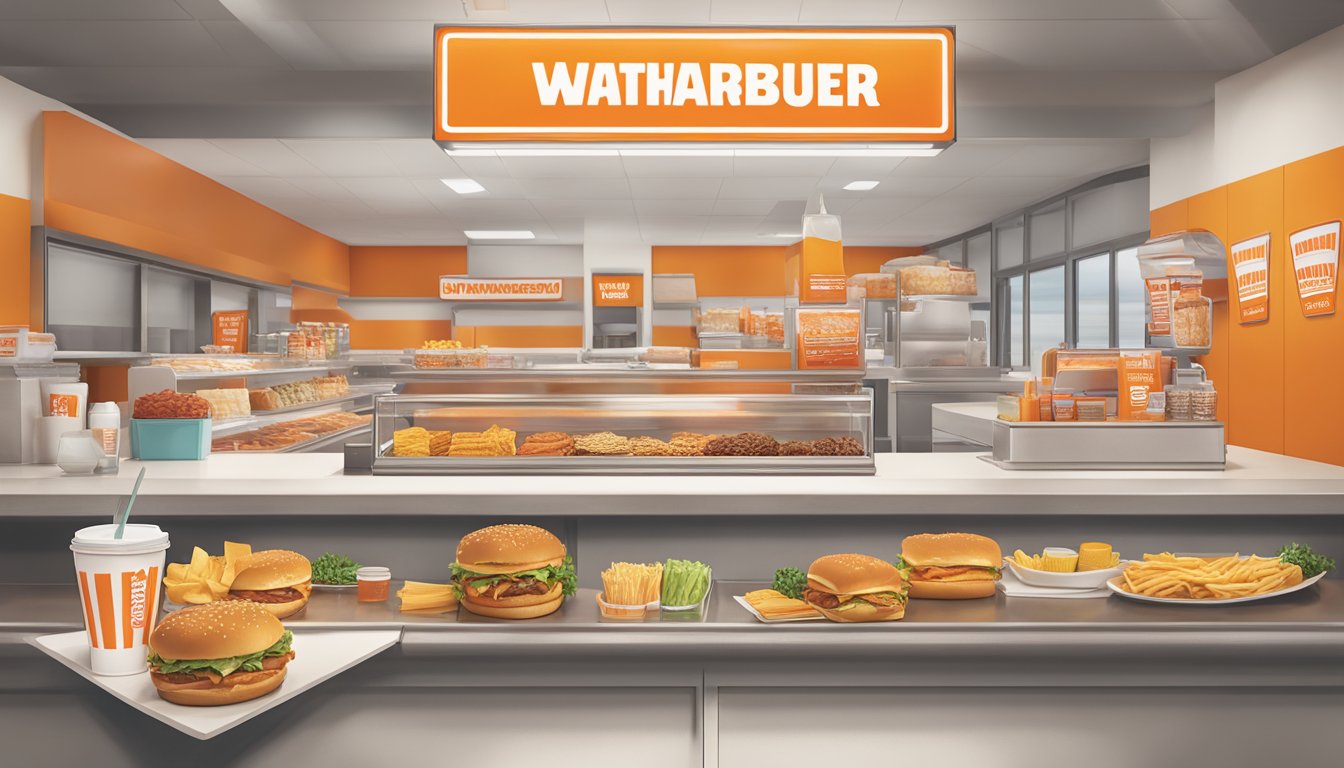 A colorful array of Whataburger menu items displayed on a clean, well-lit counter, with condiments and napkins neatly arranged nearby