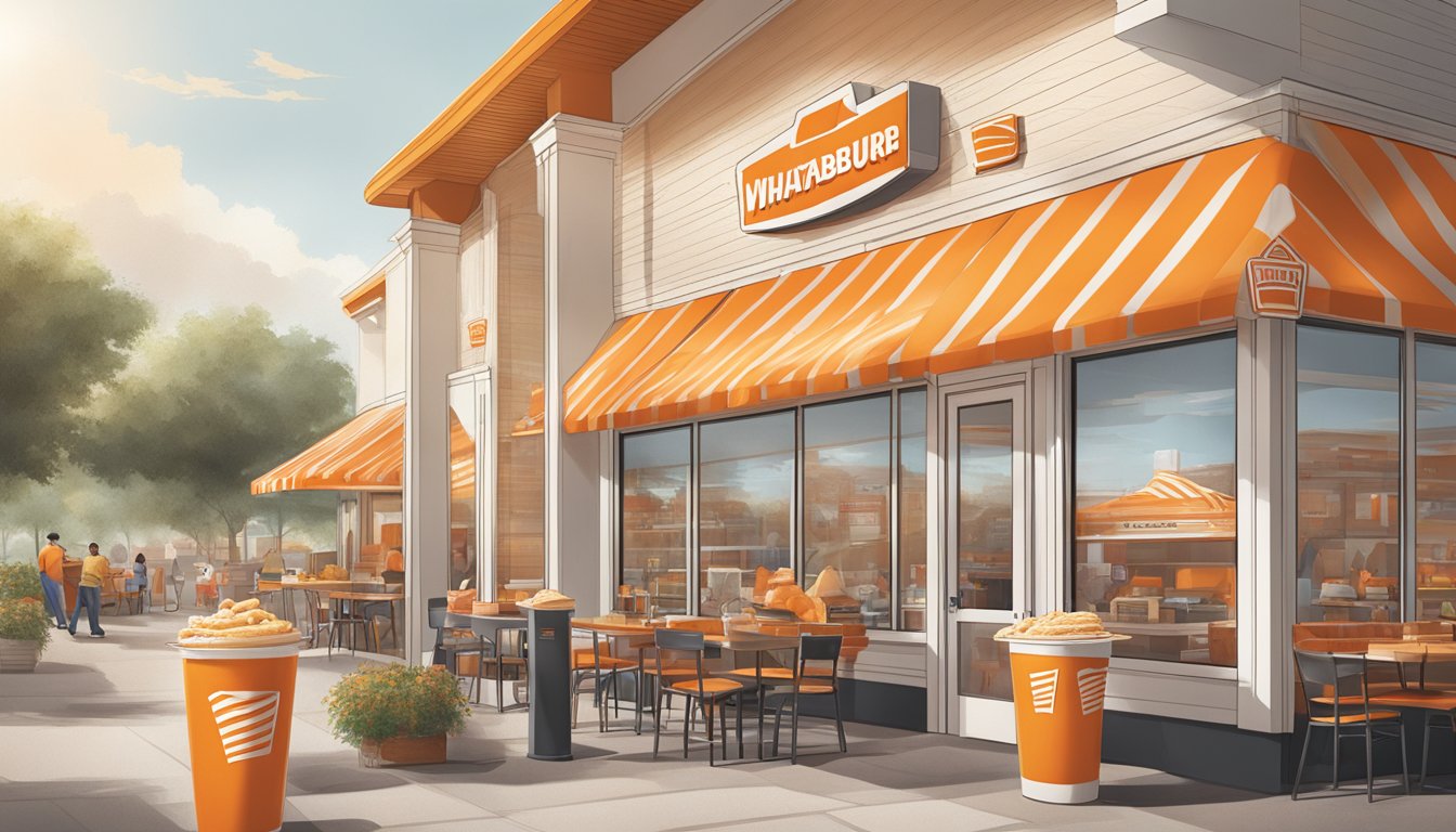 A bustling Whataburger restaurant in Dallas, with the iconic orange and white branding displayed prominently on merchandise and packaging