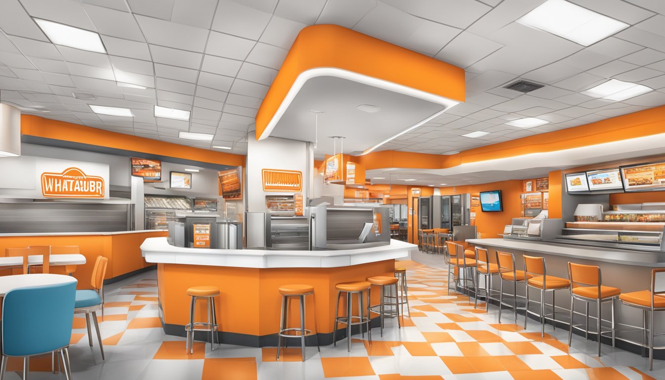 The Whataburger in El Paso is bustling with customers enjoying the amenities and services, with the iconic orange and white decor adding a vibrant touch to the scene