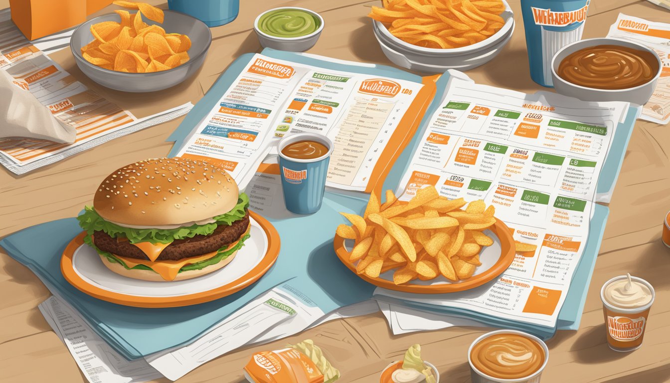 A table with a Whataburger menu and nutritional information, surrounded by condiments and napkins