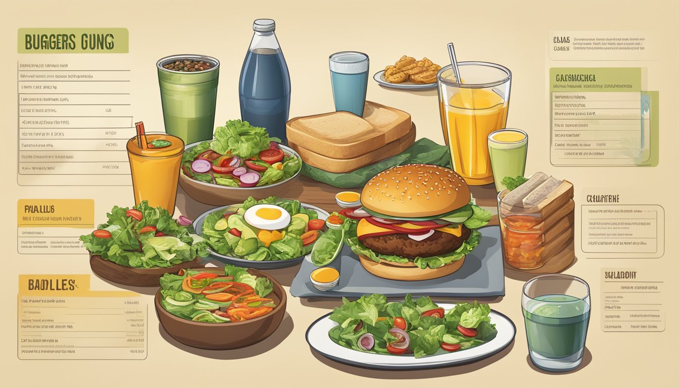 A table with a variety of food items, including burgers, salads, and drinks, with corresponding nutritional information displayed next to each item