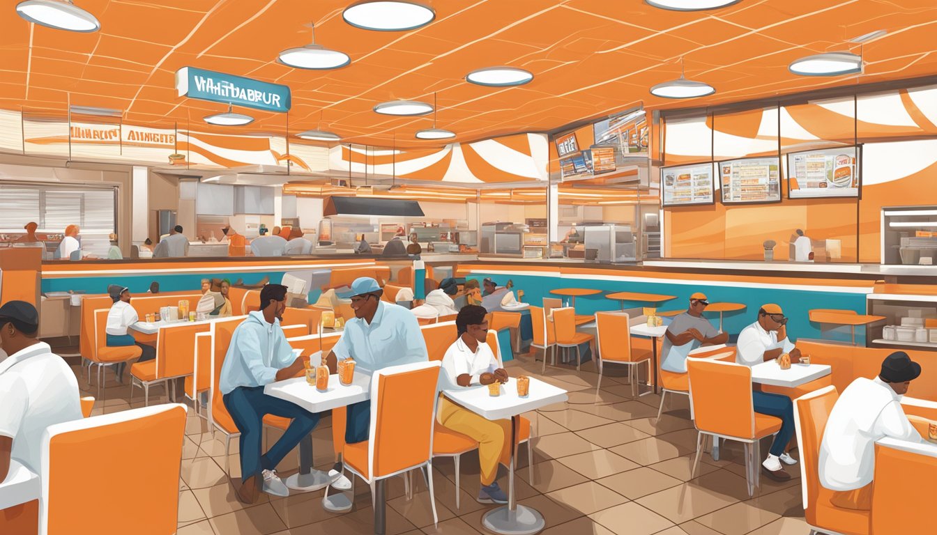 A bustling Whataburger restaurant in El Paso, with customers enjoying their meals and the iconic orange and white decor