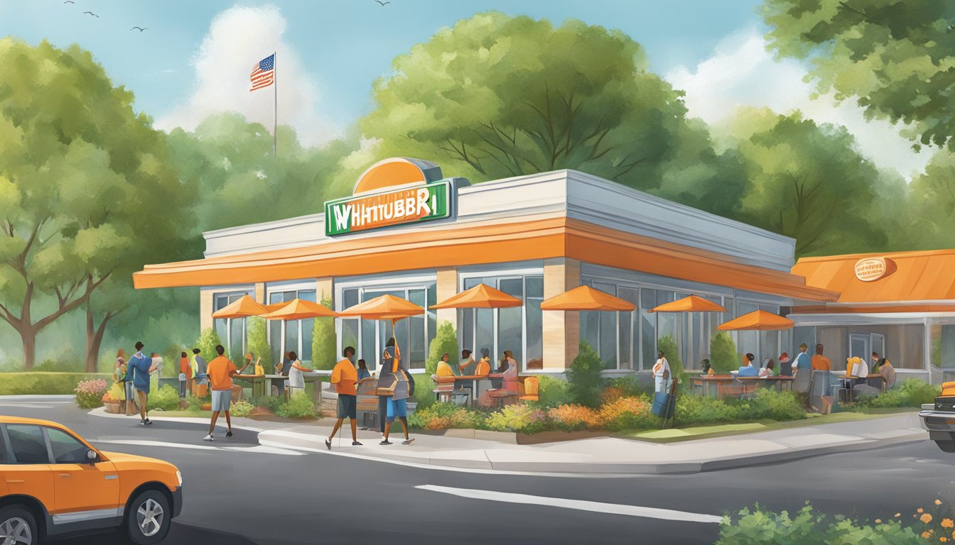 A bustling Whataburger in Dallas, surrounded by lush greenery and a diverse community engaging in sustainability efforts