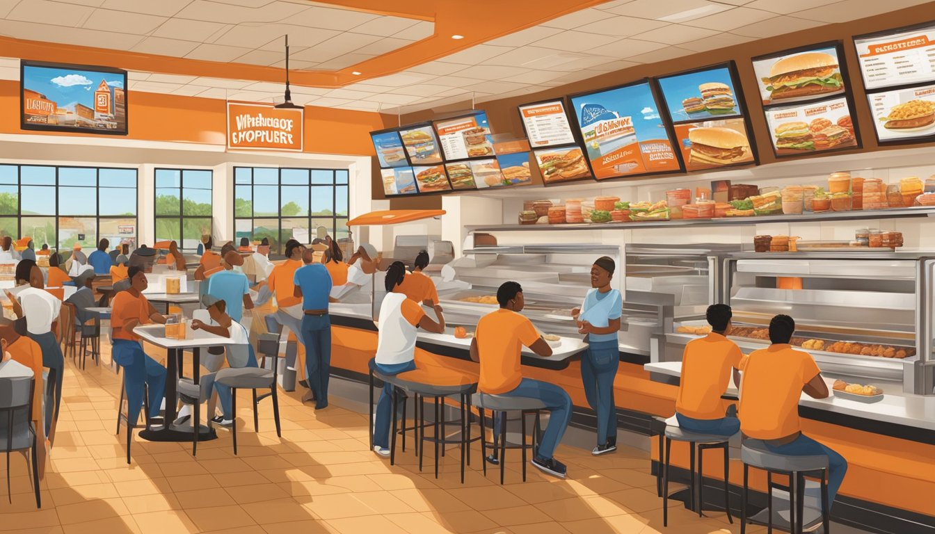 A bustling Whataburger restaurant in Orlando, with customers enjoying their meals and staff busy serving. A sign prominently displays "Expansion and Career Opportunities"