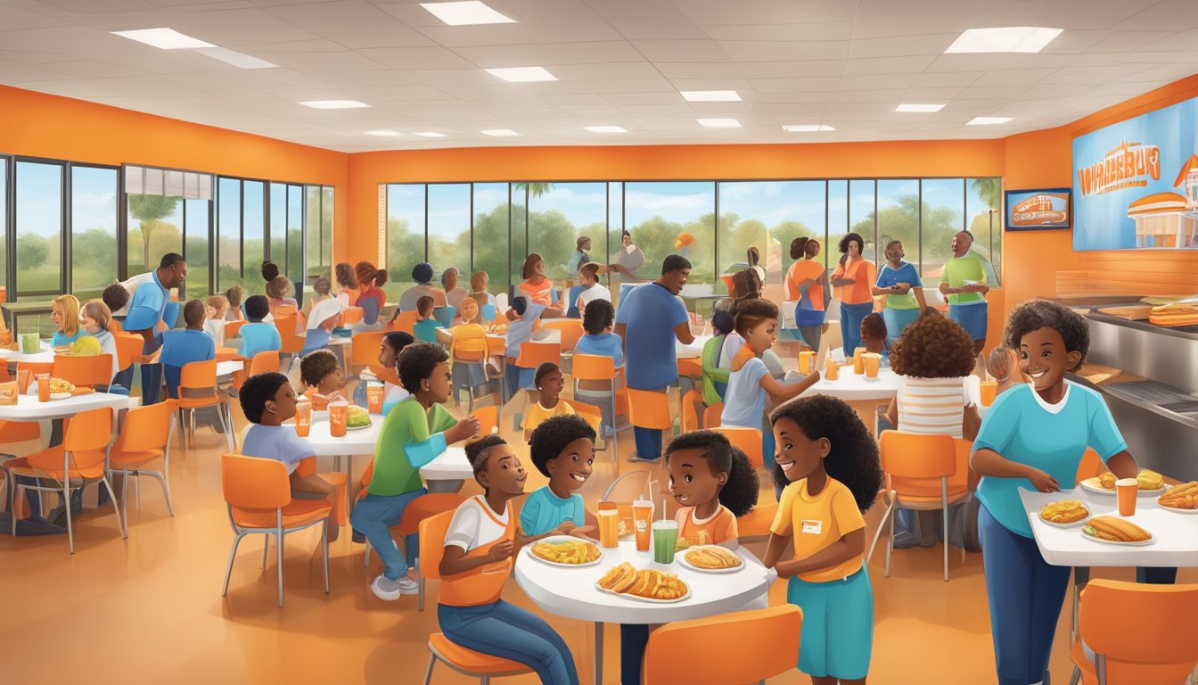 A Whataburger restaurant hosting a community event in Orlando, with families enjoying food and activities in a lively and welcoming atmosphere