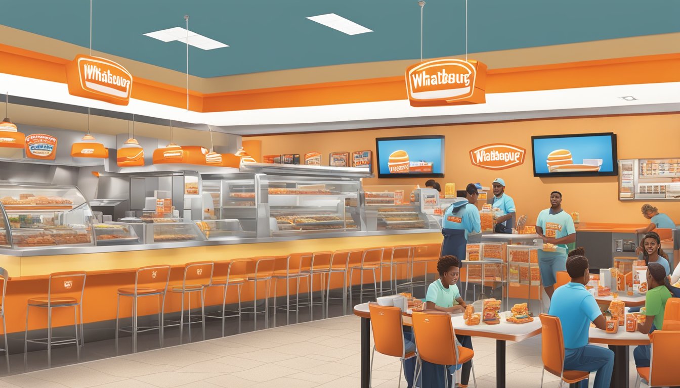 A bustling Whataburger restaurant in Orlando, with a colorful array of branded merchandise and products on display