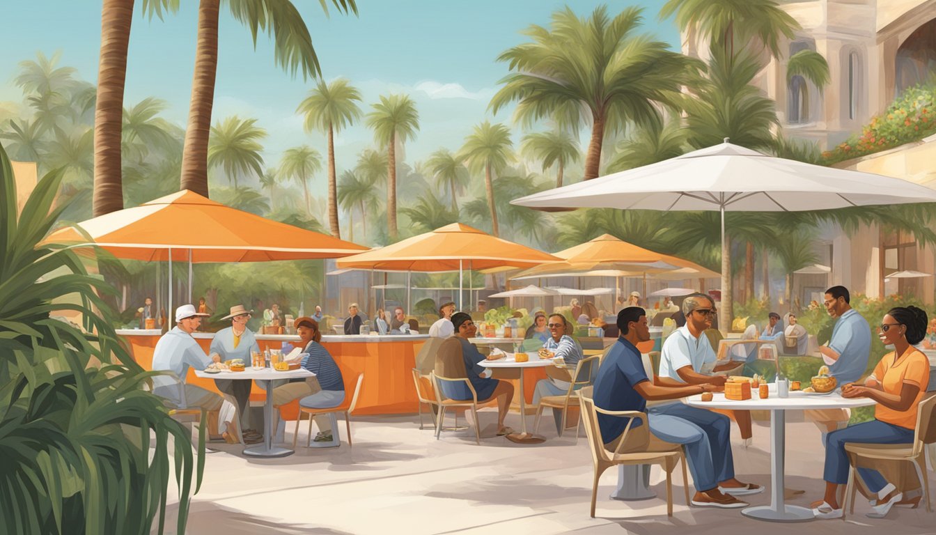 Customers enjoying their meals at outdoor tables with palm trees in the background, while a server delivers food with the iconic orange and white striped bags