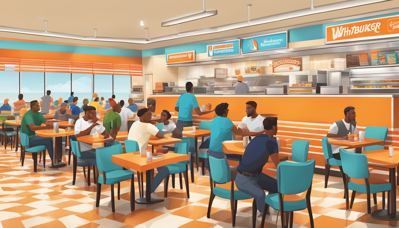 A bustling Whataburger restaurant in Georgia, with a colorful menu board and customers enjoying their dining experience