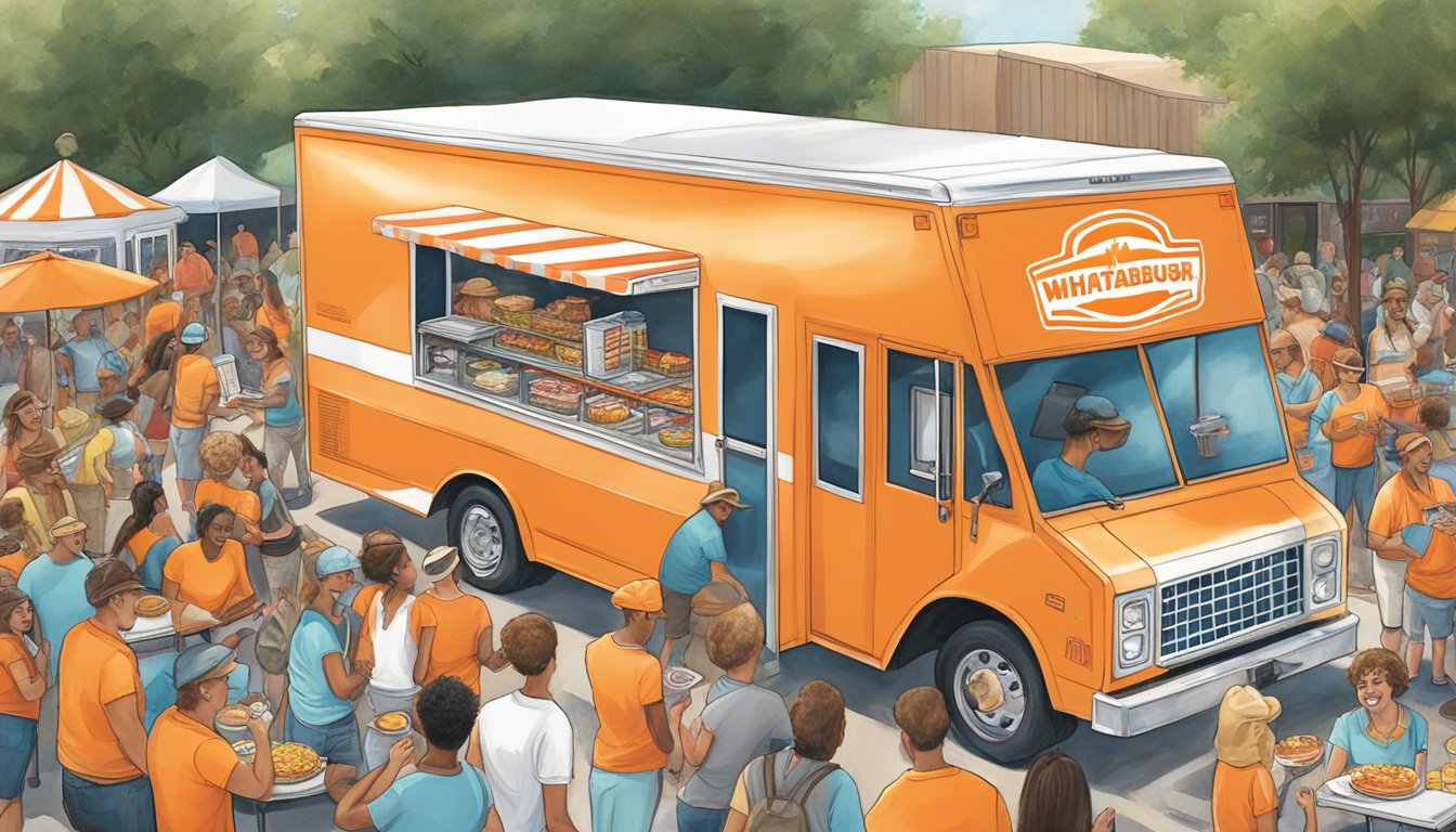 A Whataburger food truck parked at a local Georgia event, surrounded by a crowd of happy customers enjoying their meals