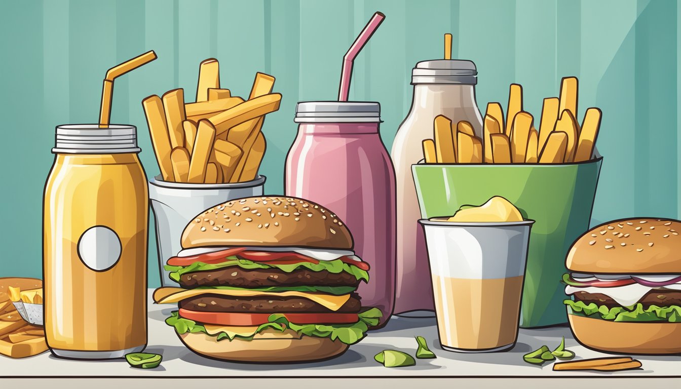 A colorful array of gluten-free food items, including burgers, fries, and shakes, displayed on a clean, modern countertop