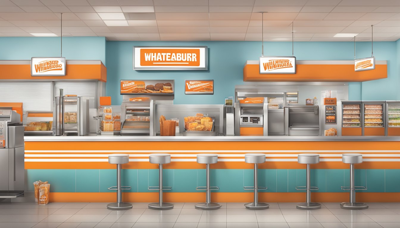 A Whataburger in Georgia with a loyalty program sign and customers redeeming rewards at the counter