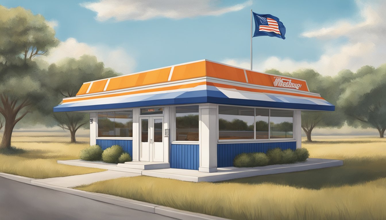 A lone Whataburger restaurant stands proudly in the Texas landscape, with the Georgia state flag flying high above it