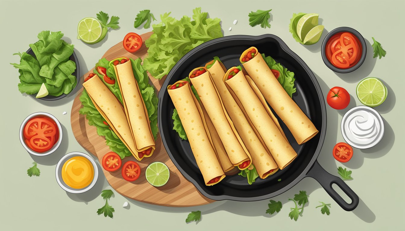 A sizzling skillet holds crispy taquitos surrounded by fresh ingredients like tomatoes, lettuce, and cheese, ready for assembly