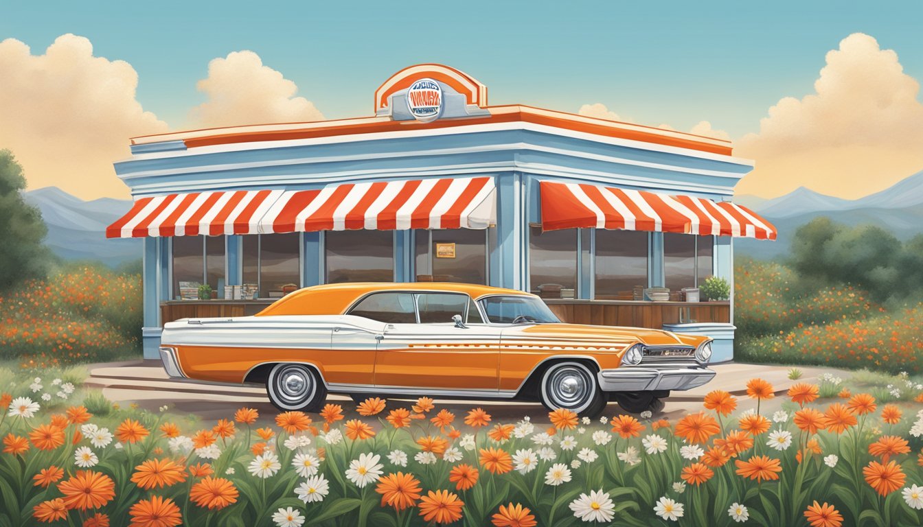 A vintage Whataburger iced coffee cup surrounded by Texas wildflowers and a classic red and white striped awning