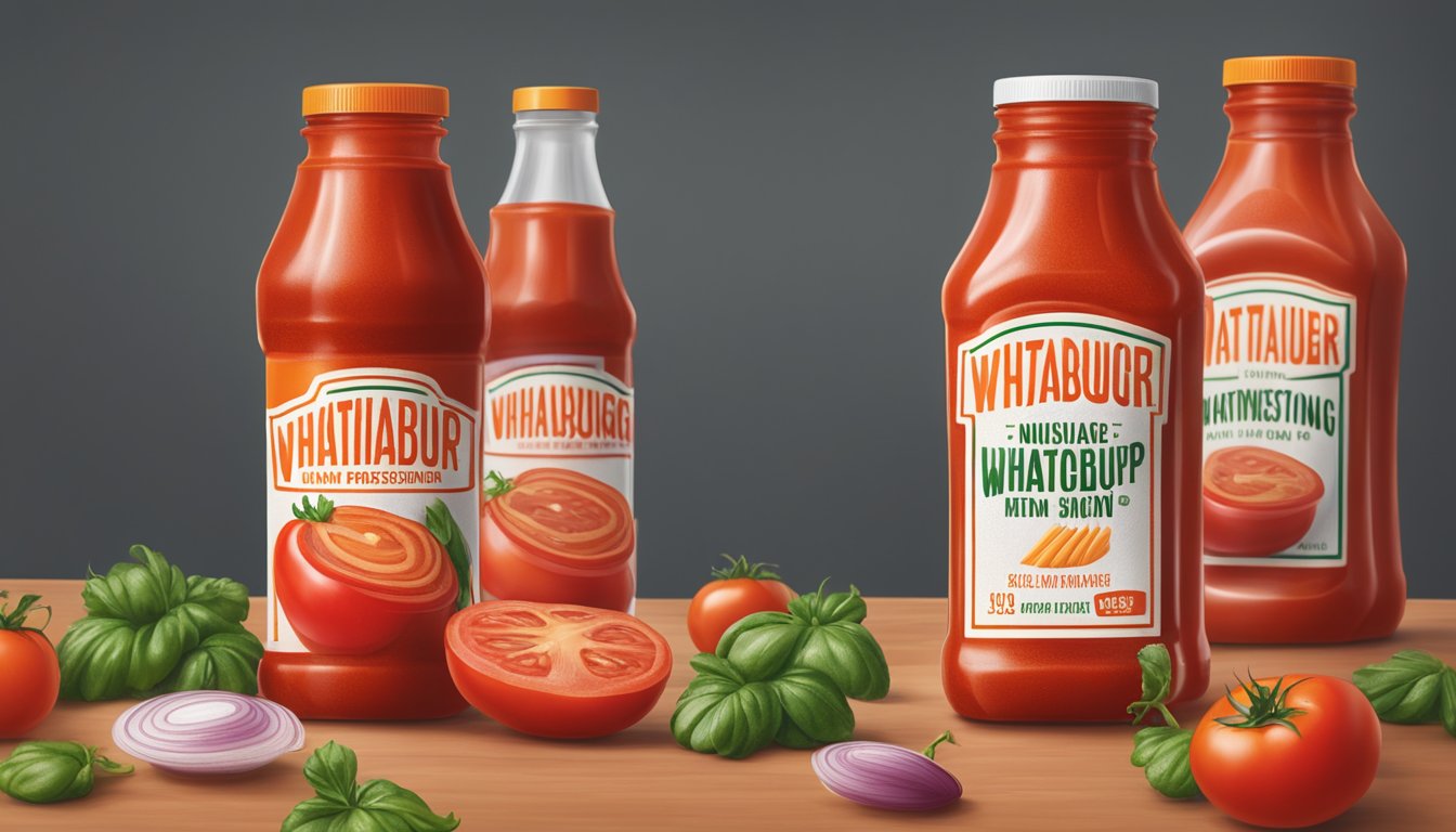 A bottle of Whataburger ketchup surrounded by ripe tomatoes and onions, with a hint of smoky flavor in the air