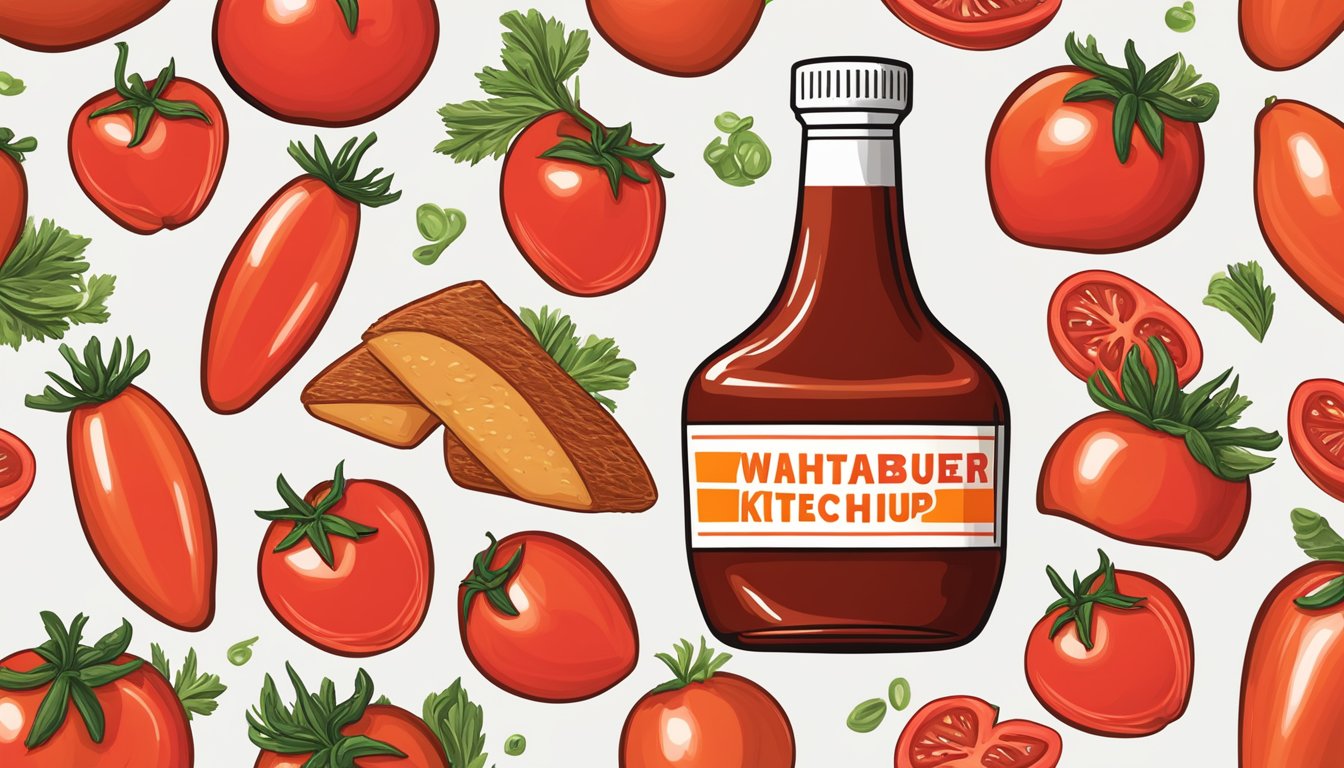 A bottle of Whataburger ketchup surrounded by fresh tomatoes and onions