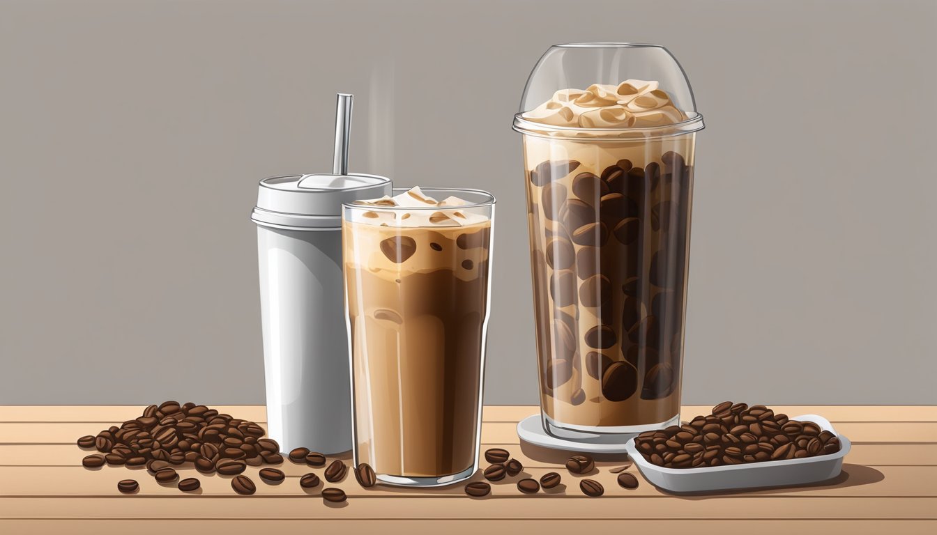 A tall glass of iced coffee sits on a wooden table, surrounded by coffee beans and a measuring cup. A nutrition label is visible on the packaging