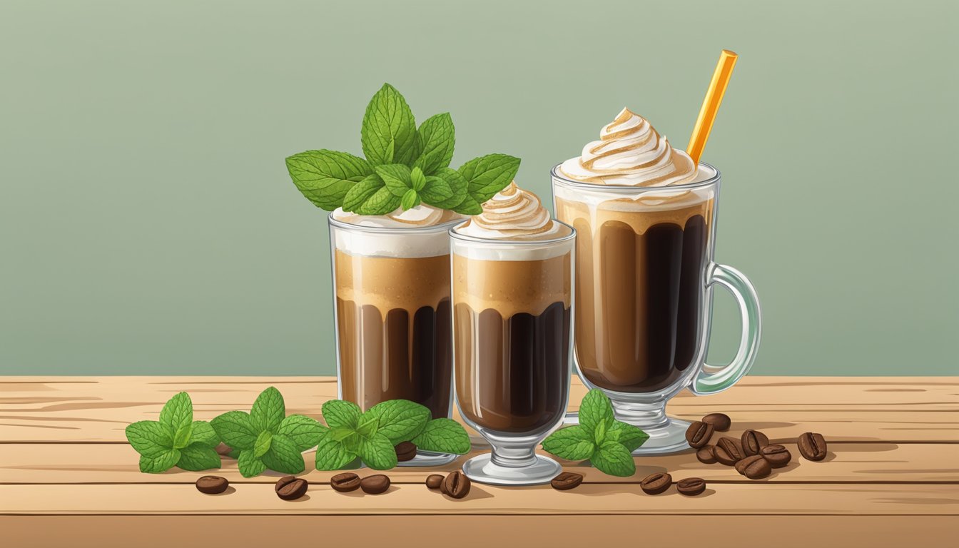 A refreshing glass of Whataburger iced coffee sits on a rustic wooden table, surrounded by a scattering of coffee beans and a sprig of fresh mint