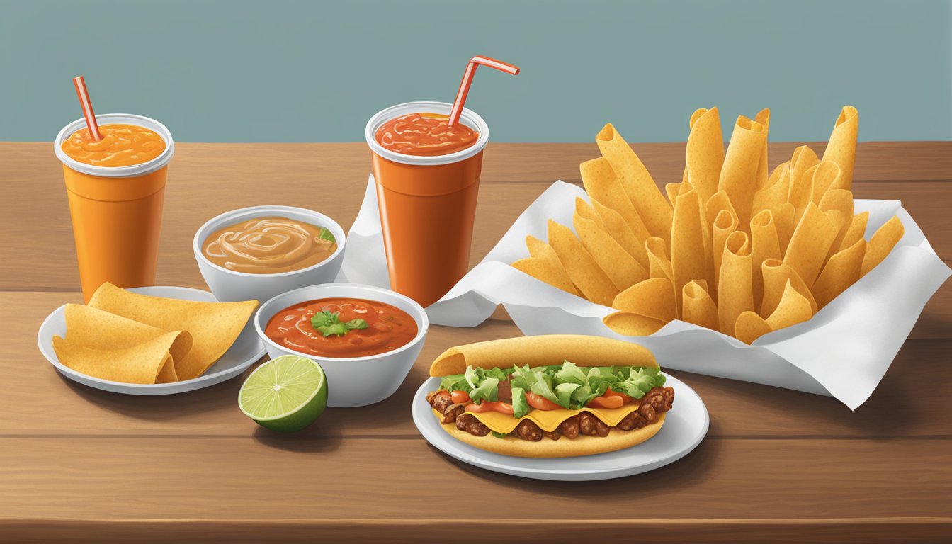 A table set with taquitos, salsa, and a drink from Whataburger, showcasing the fast-food chain's nutritional offerings