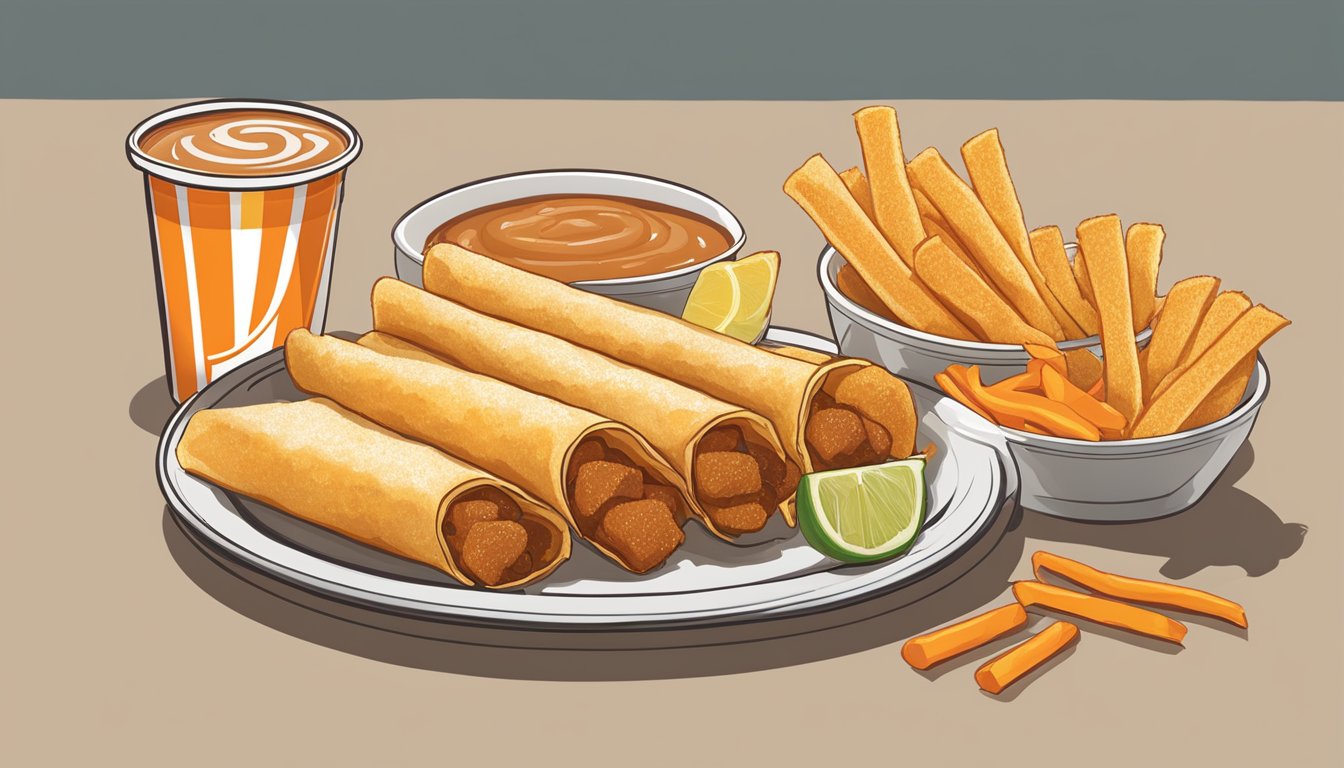 A plate of crispy taquitos with a side of Whataburger breakfast items