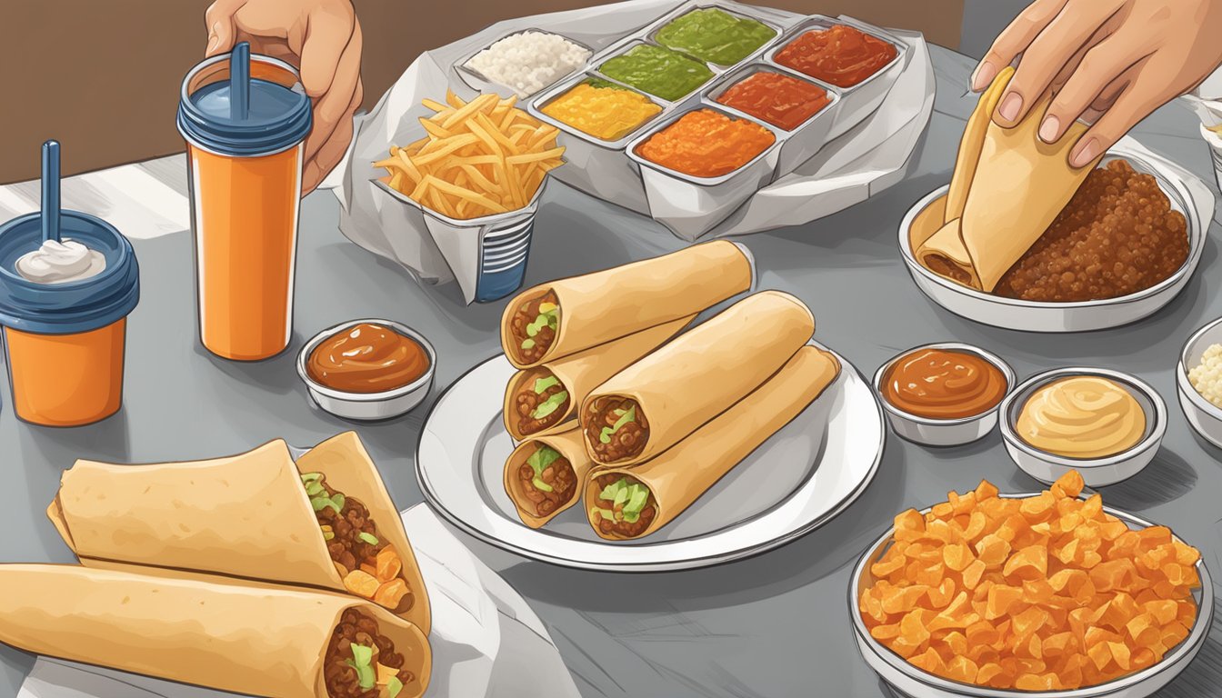 A taquito being assembled with various toppings and condiments at a Whataburger restaurant