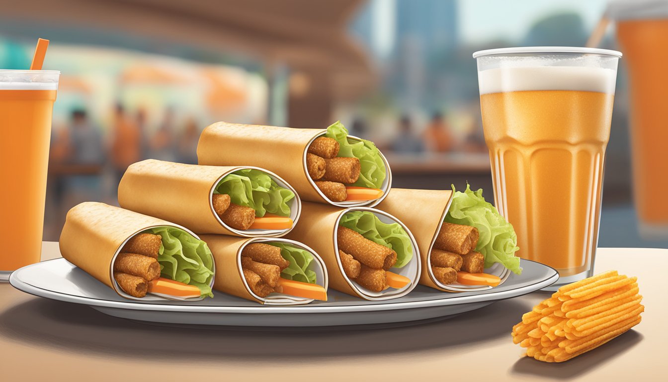 A plate of taquitos from Whataburger sits next to a variety of beverages, ready to be enjoyed