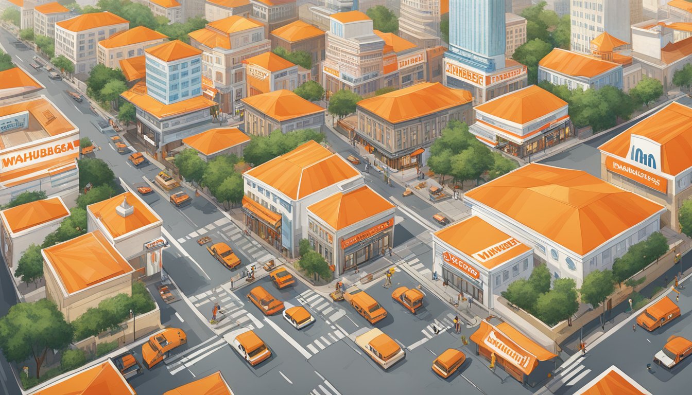 A bustling city with various Whataburger outlets scattered across the urban landscape, each marked with the iconic orange and white striped roof