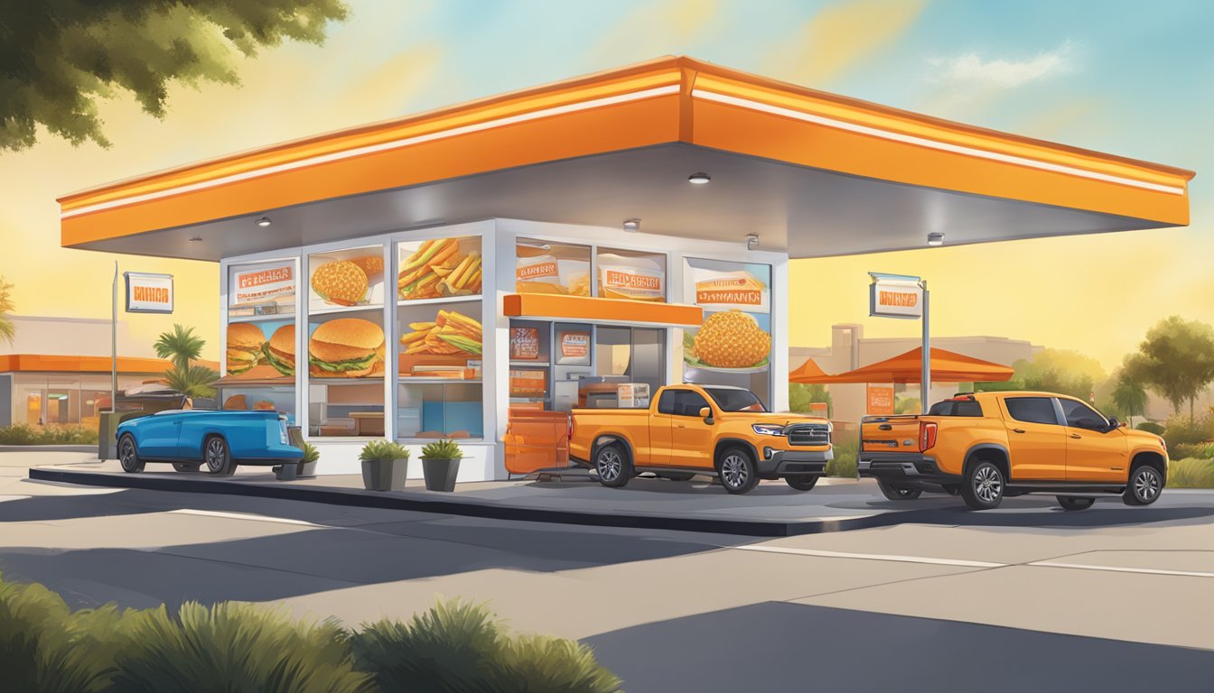 A sunny afternoon at a Whataburger drive-thru, with a colorful display of taquitos ready for purchase