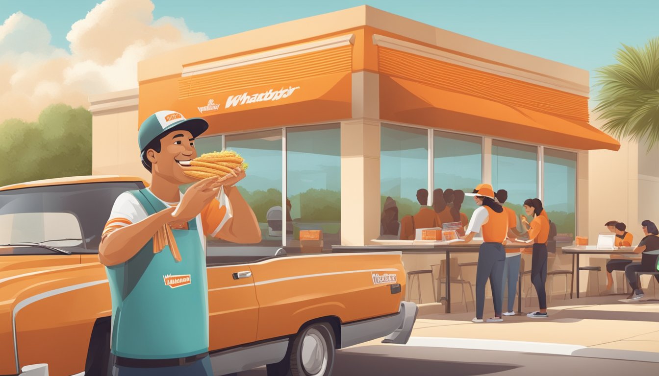 A customer enjoying a taquito from Whataburger, while a friendly employee provides excellent service