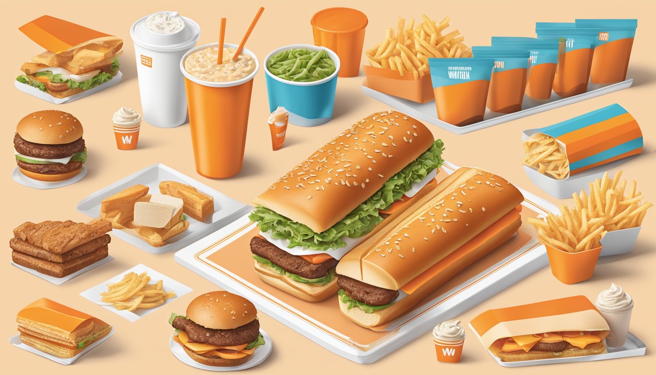 A colorful array of Whataburger menu items with corresponding nutrition facts displayed in a clean, modern layout