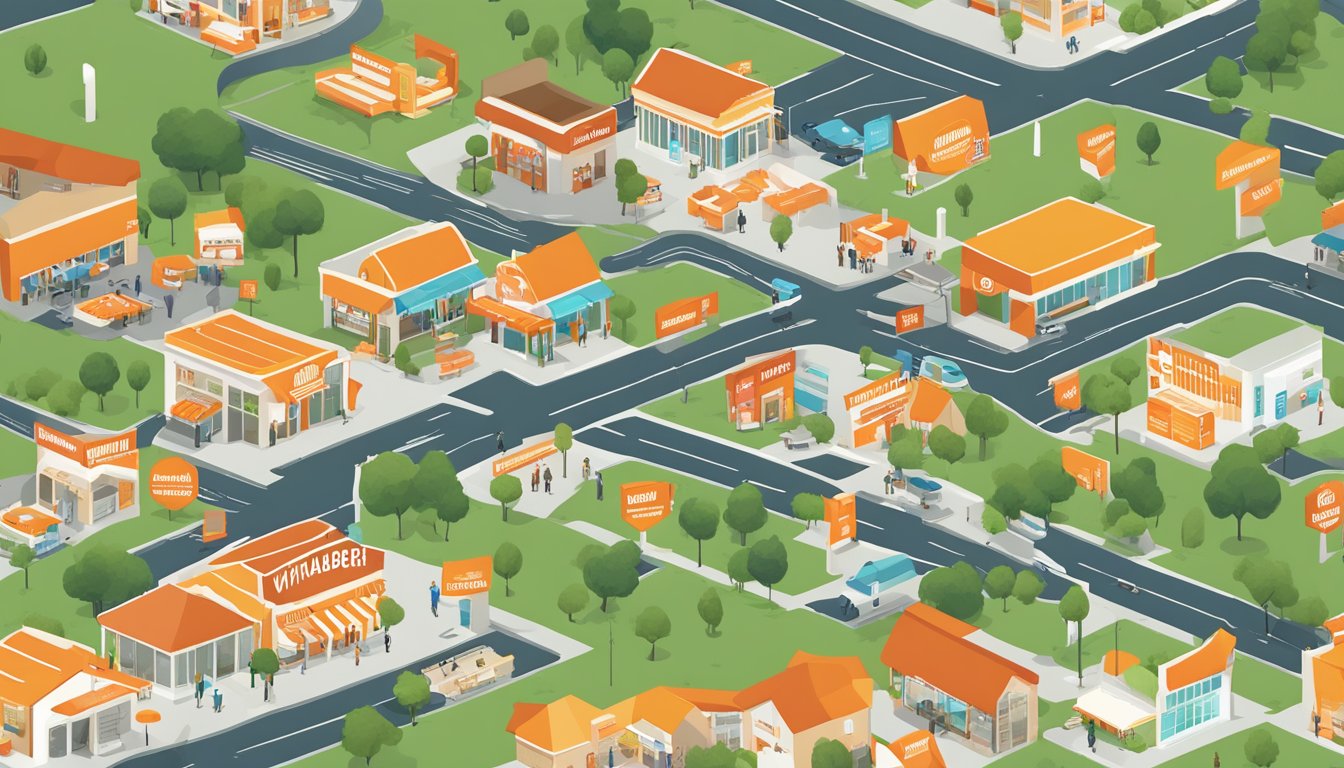 A colorful map showing various Whataburger locations across a community, with icons representing each restaurant and lines indicating their impact on the surrounding area