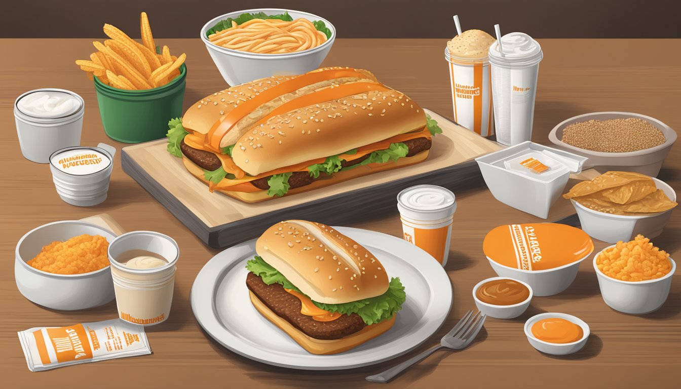 A table with a Whataburger meal, nutrition facts, and various customizable ingredients spread out on it