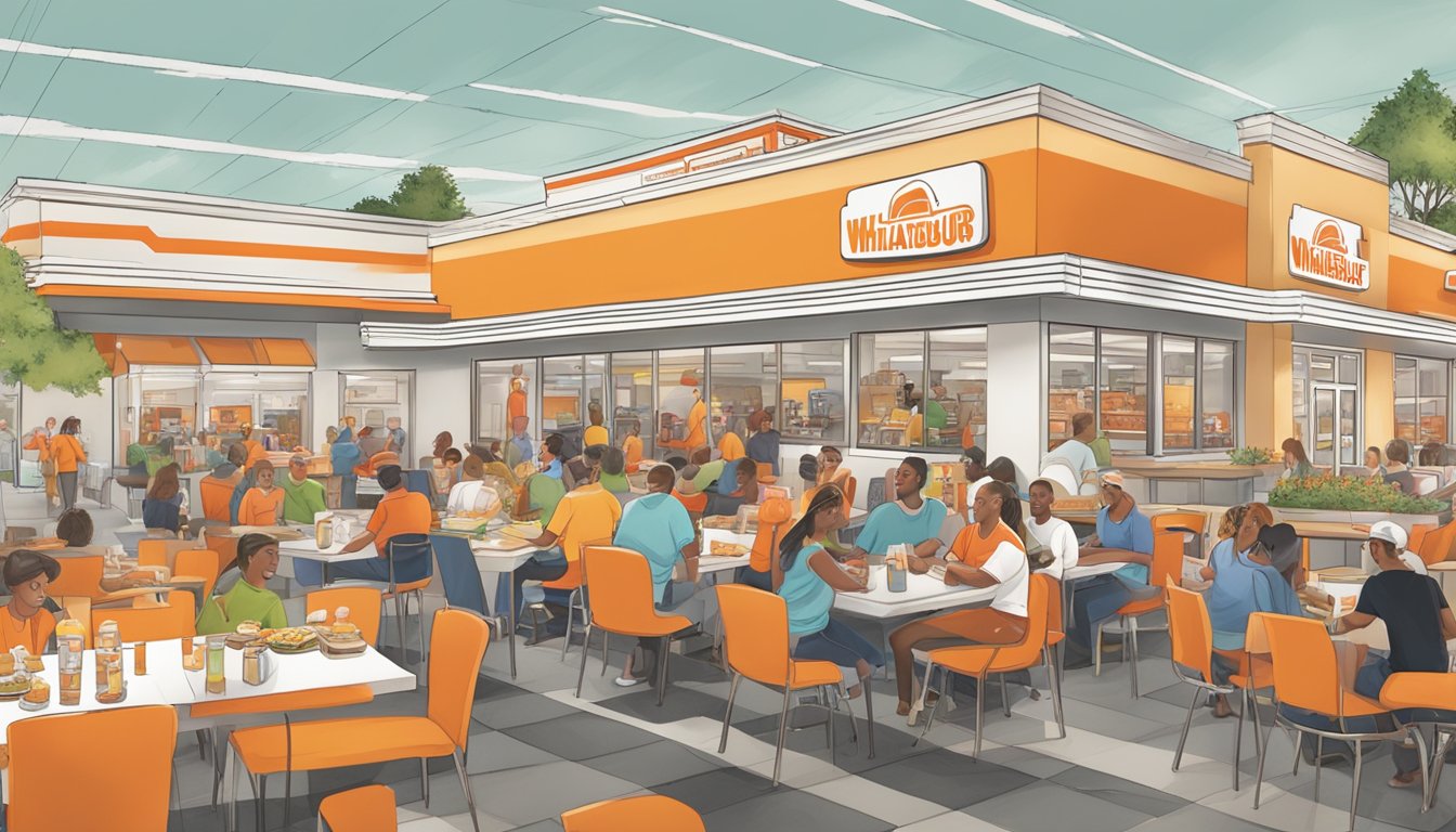 A bustling Whataburger restaurant with families enjoying meals, while a group of employees volunteers at a local charity event